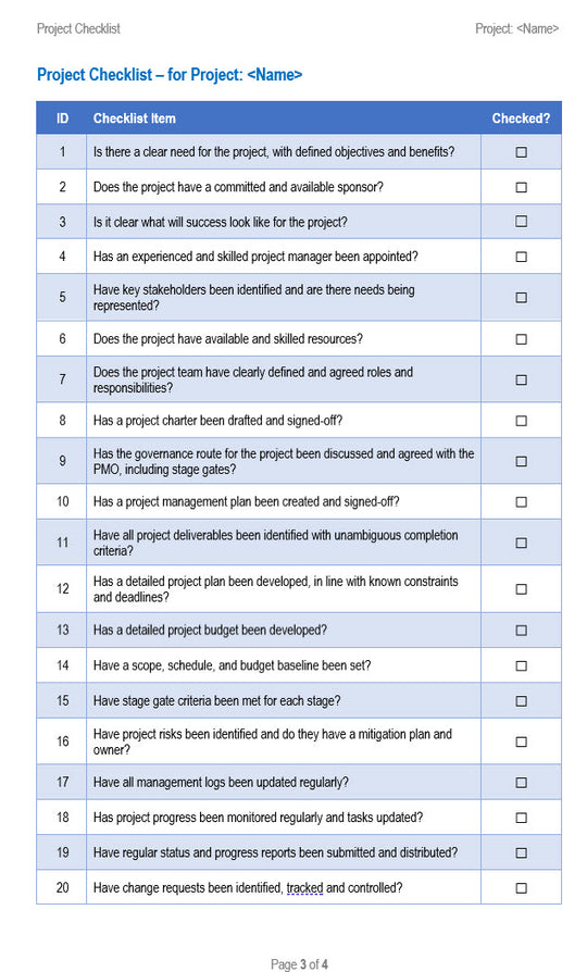 Project Checklist Word – Techno PM - Project Management Templates Download