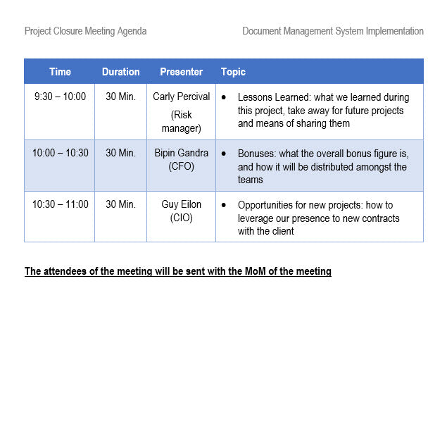 Project Closure Meeting Agenda MOM