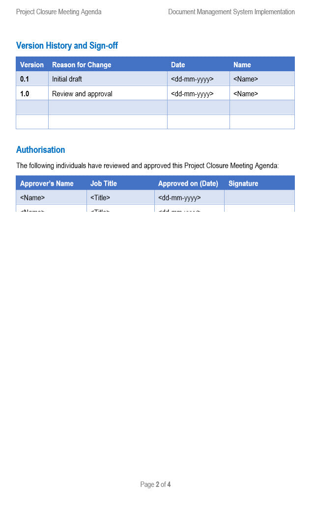 Project Closure Meeting Agenda