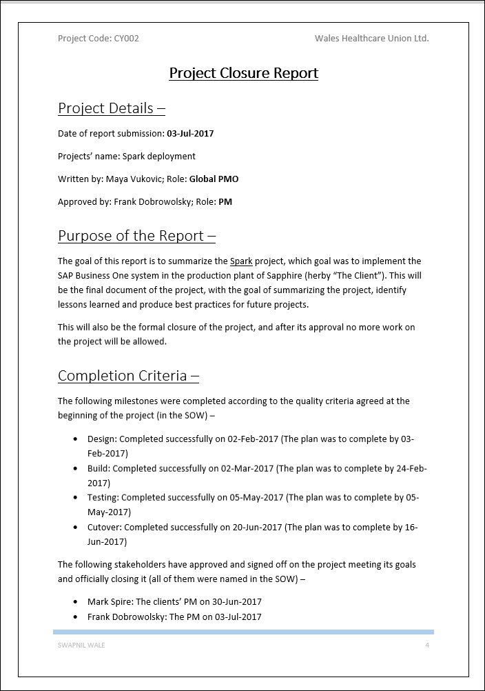 project closure report word template