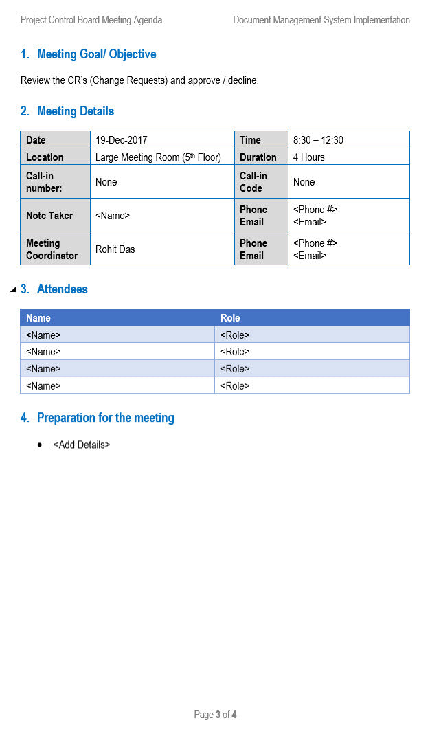 Project Control Board Meeting Agenda Goals