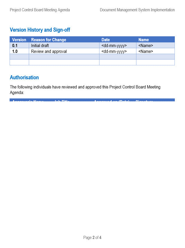 Project Control Board Meeting Agenda Version History