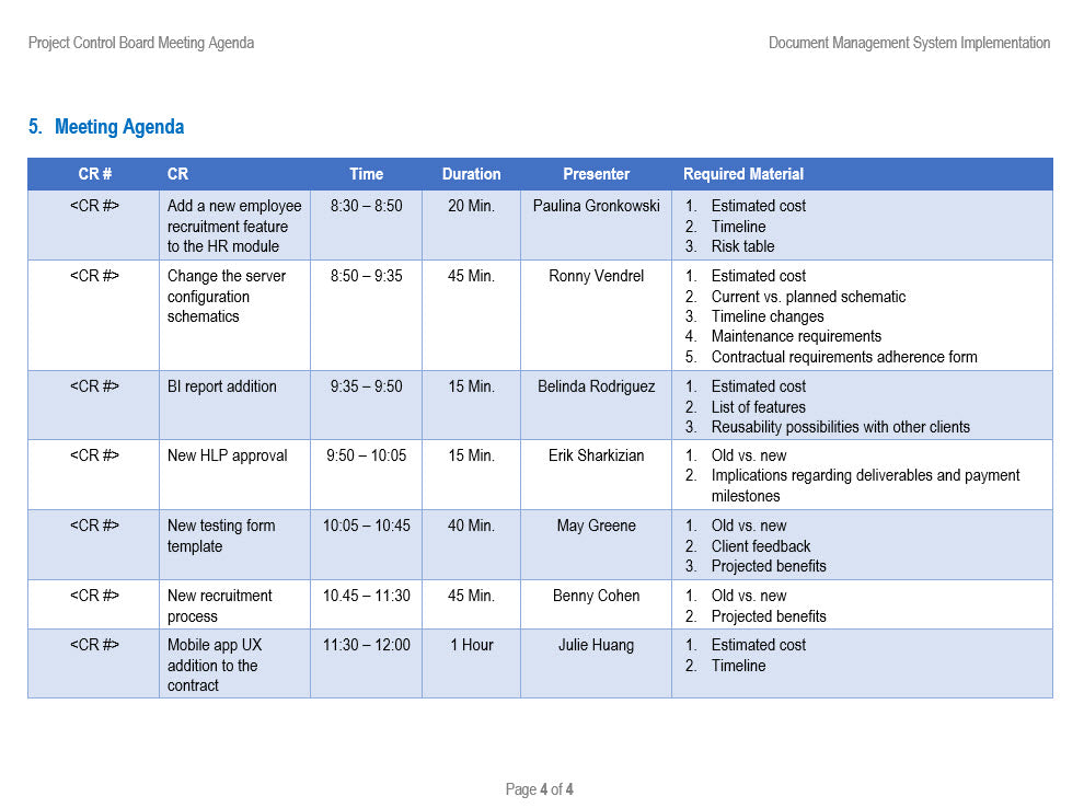 Project Control Board Meeting Agenda