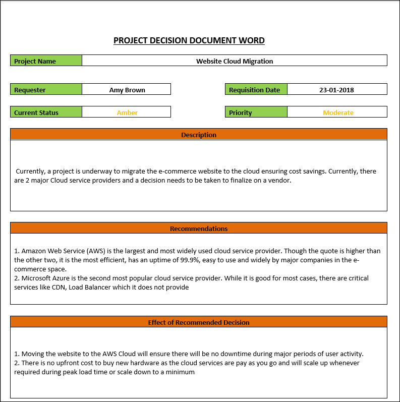 Software Development Decision Doc Example Project Decision Document – Techno PM - Project Management Templates ...