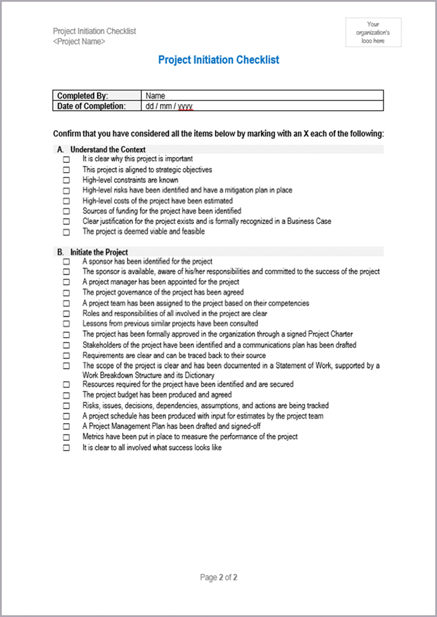 Project Initiation - 23 Templates – Techno PM - Project Management ...