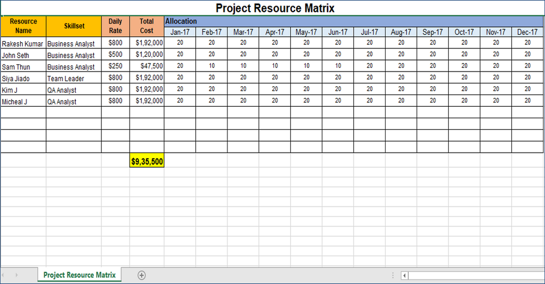 Project Resource Matrix Template – Techno PM - Project Management ...