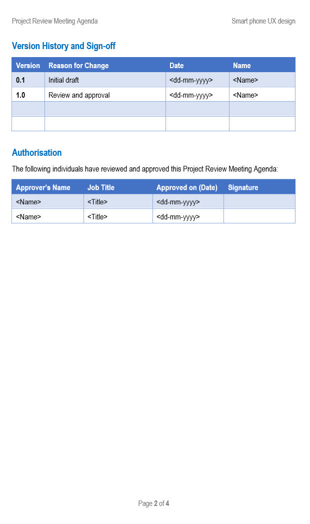 Project Review Meeting Agenda Version History