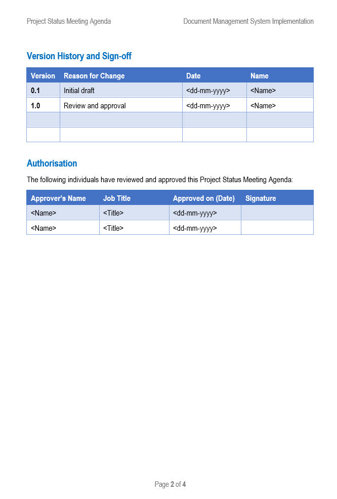 Project Status Meeting Agenda Version History