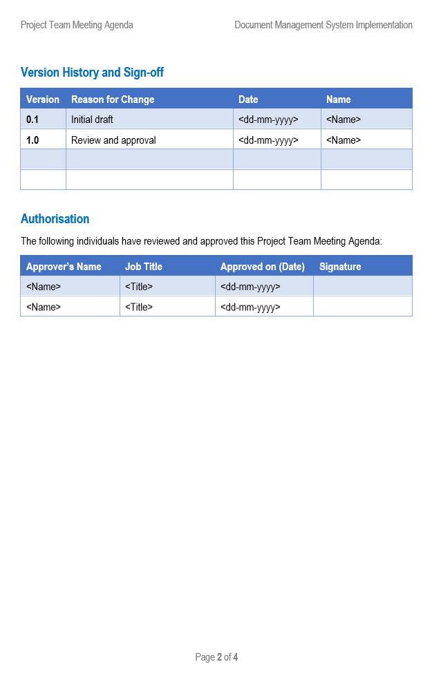 Project Team Meeting Agenda Version History