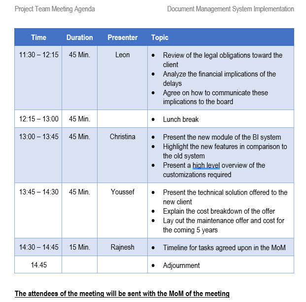 Project Team Meeting Agenda