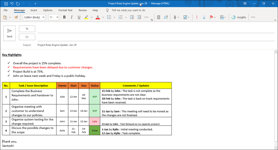 Project Update Detailed Outlook Template