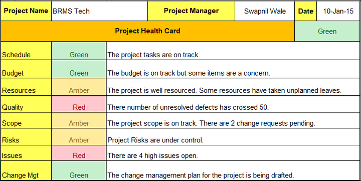Project Health Card, Weekly Status Report Format Excel