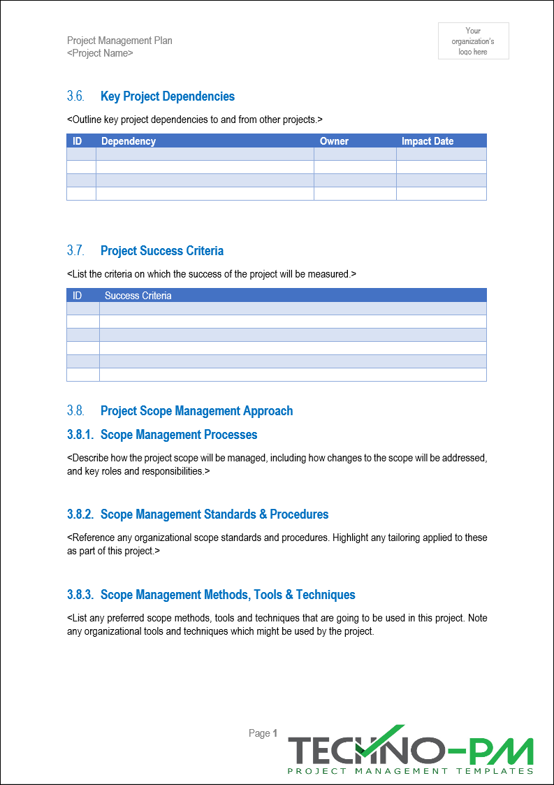 Project Management Plan (PMP) Template – Techno PM - Project Management ...