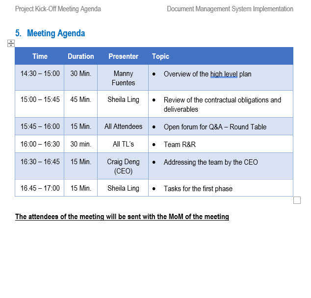 Project Kickoff Meeting Agenda 