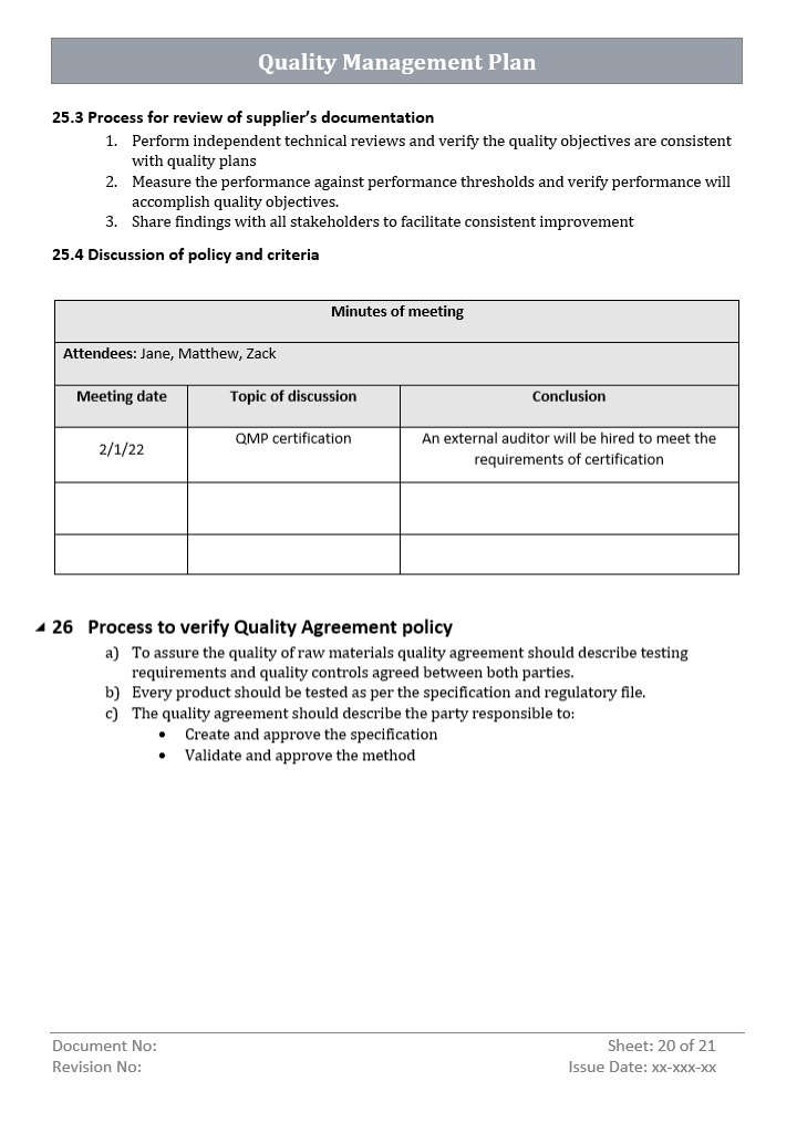 QMP Quality Agreement Policy