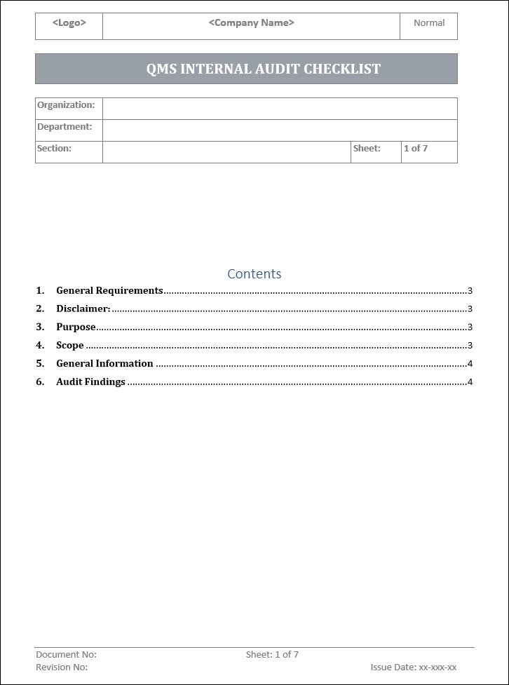 QMS Internal Audit Checklist Template