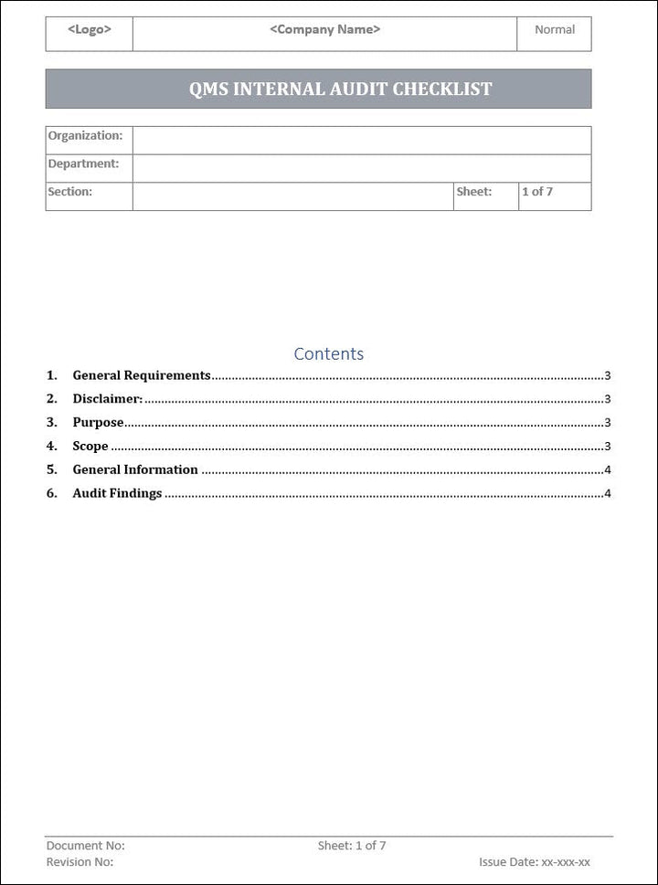 QMS Internal Audit Checklist Template