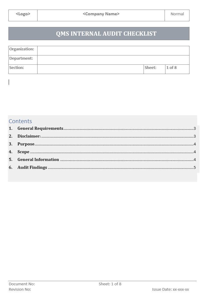 QMS Internal Audit Checklist