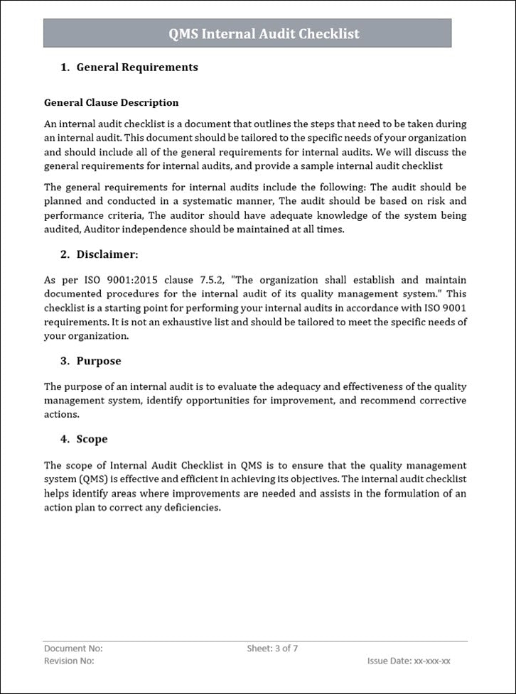 QMS Internal Audit Checklist Template