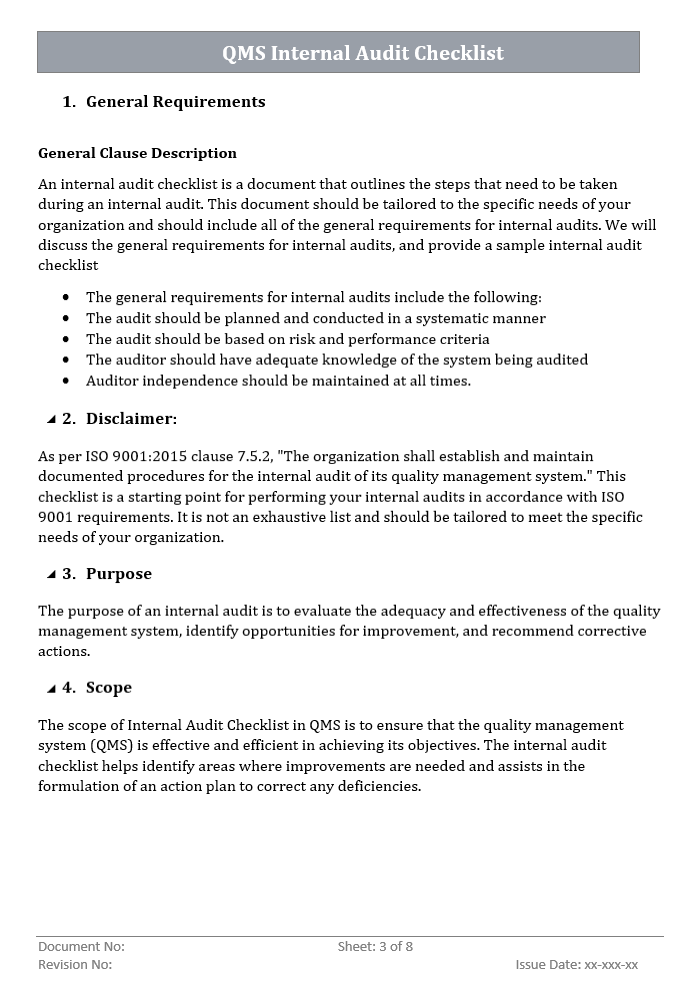 QMS Internal Audit Checklist Purpose