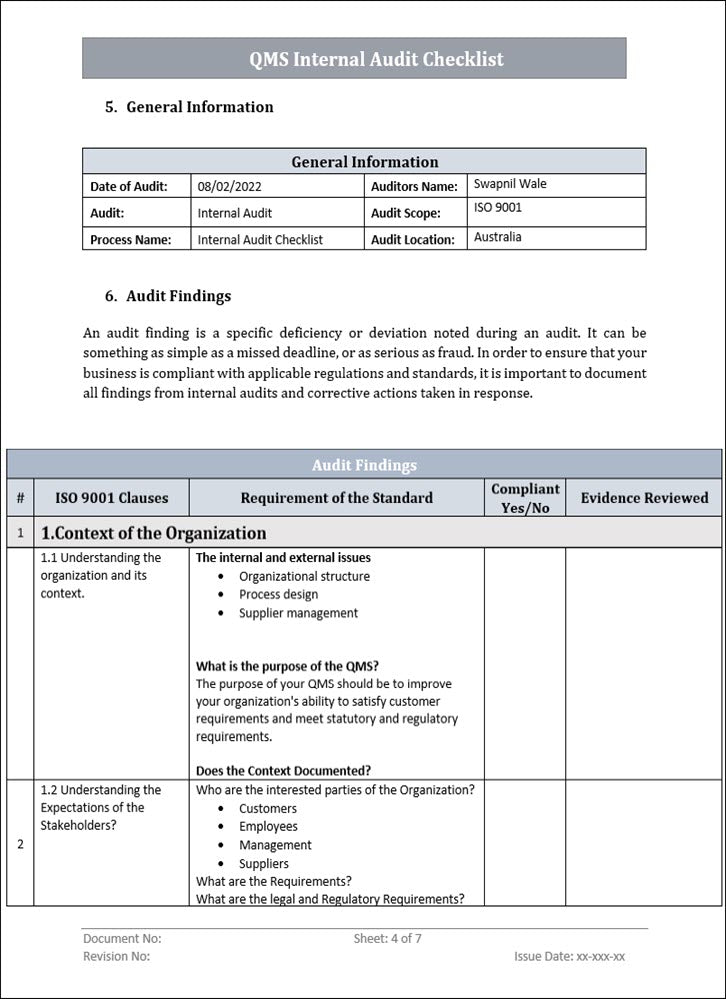 QMS Internal Audit Checklist Template