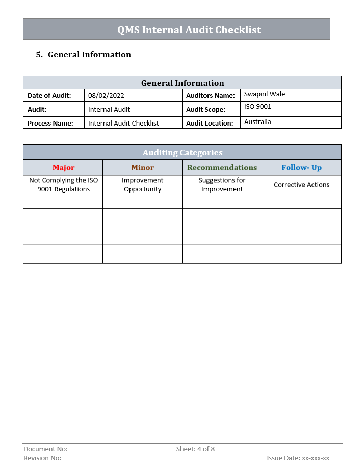 QMS Internal Audit Checklist General Information