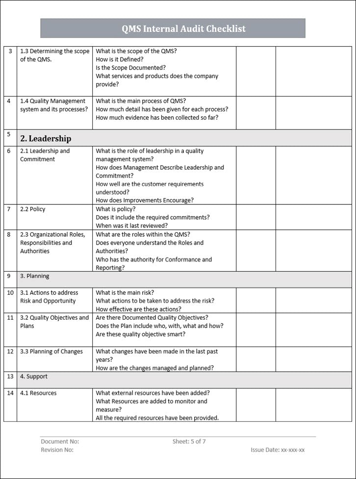 QMS Internal Audit Checklist Template