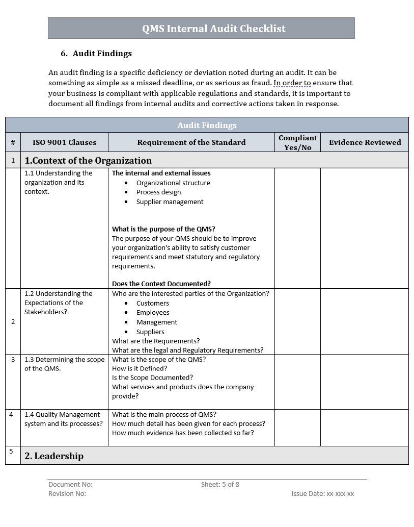 QMS Internal Audit Checklist Findings