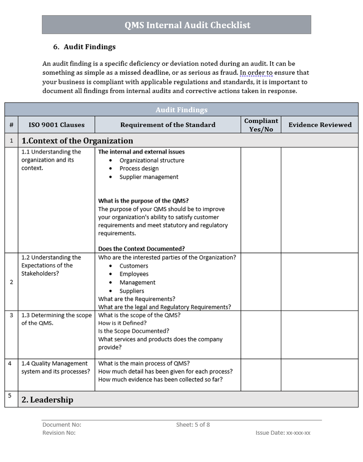 QMS Internal Audit Checklist Findings