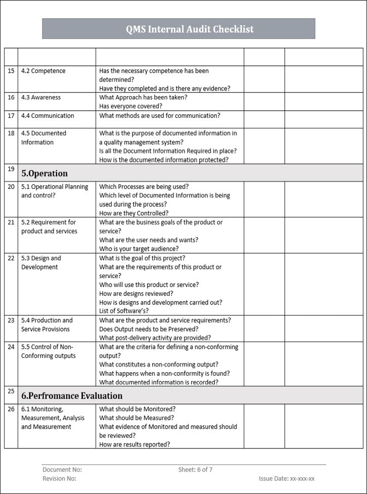 QMS Internal Audit Checklist Template