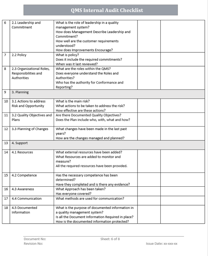QMS Internal Audit Checklist Template