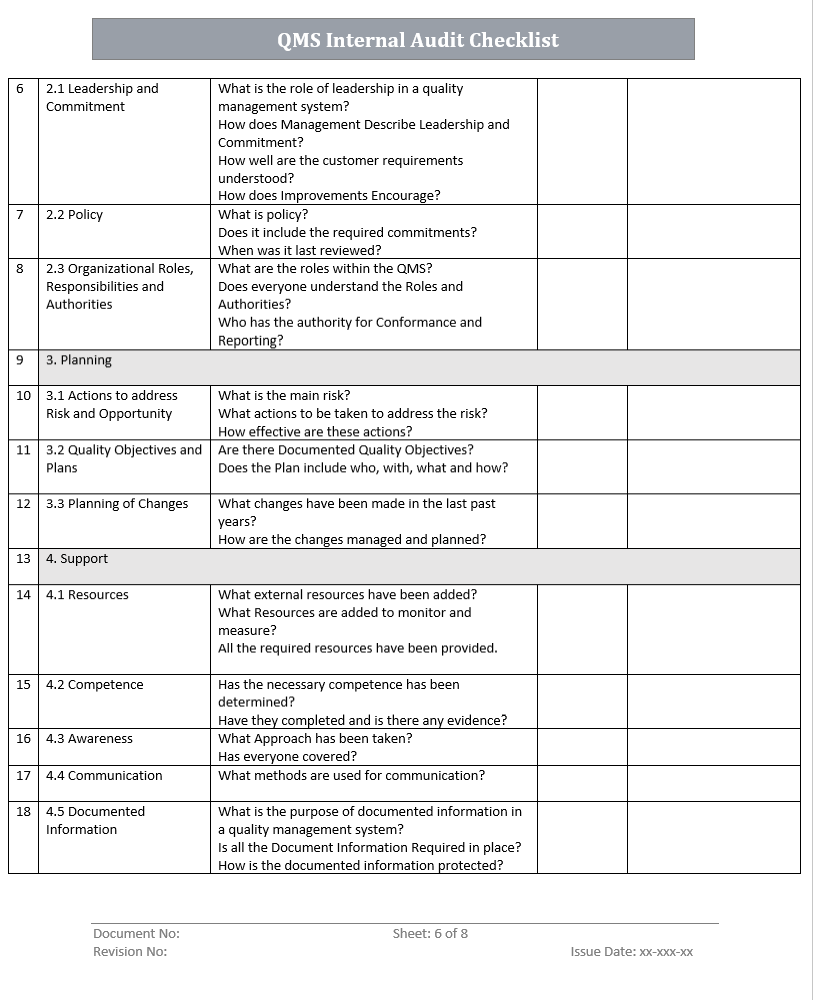 QMS Internal Audit Checklist Template