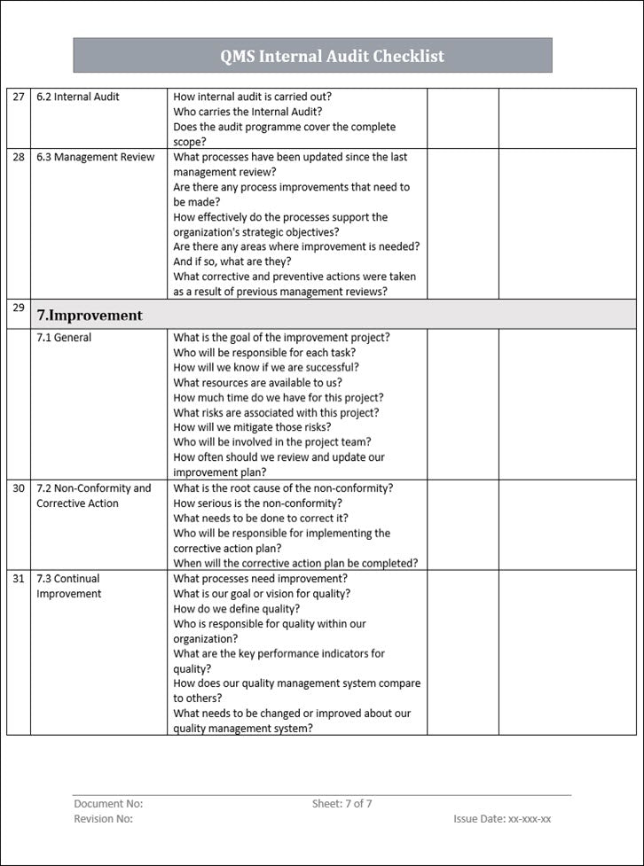 QMS Internal Audit Checklist Template