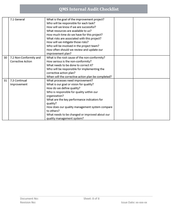 QMS Internal Audit Checklist Template Word