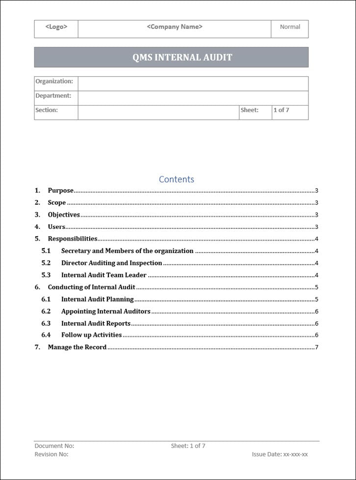 QMS Internal Audit Procedure (QMS 9001)