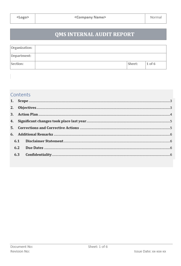 QMS Internal Audit Report Contents