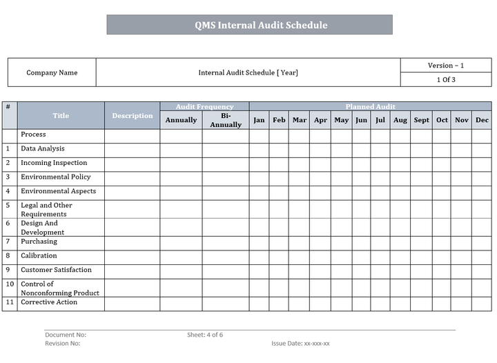 QMS Internal Audit Schedule Word Template