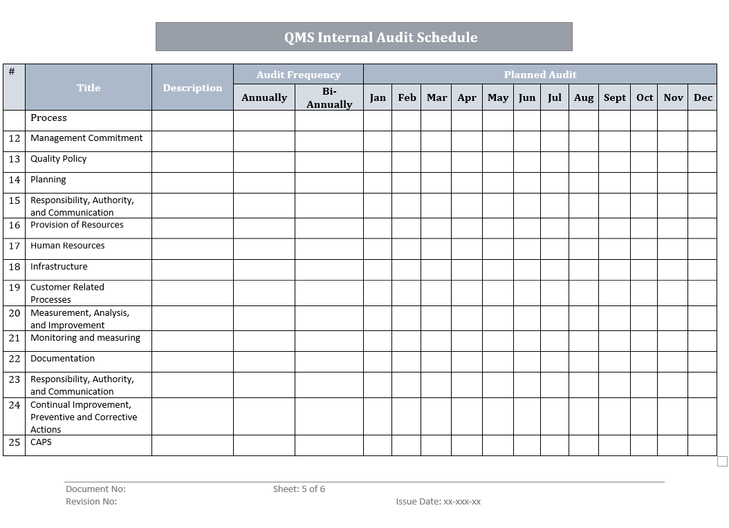 QMS Internal Audit Schedule Templates