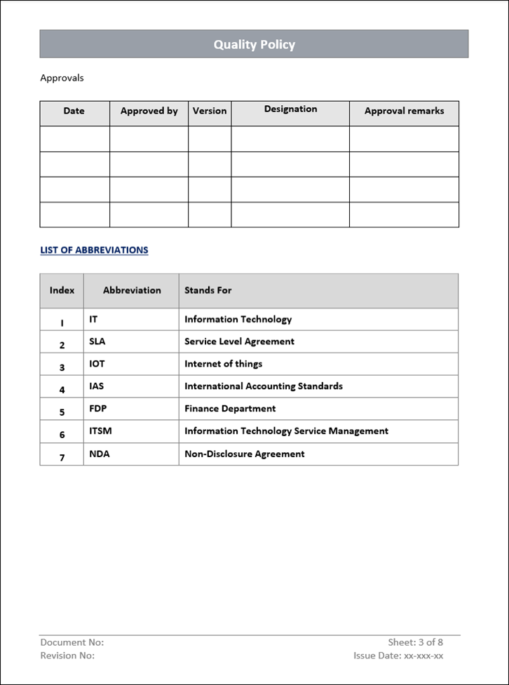 Quality Policy Abbrevations