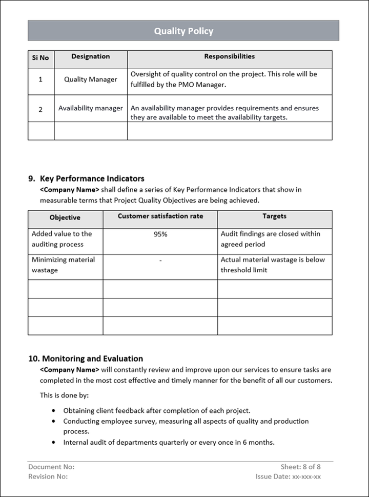 Quality Policy Key Performance Indicators