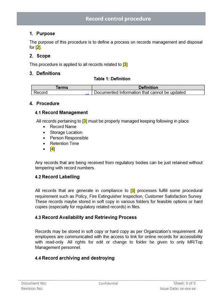 Record control procedure, record management