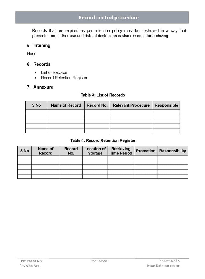 Record control procedure, record retention register