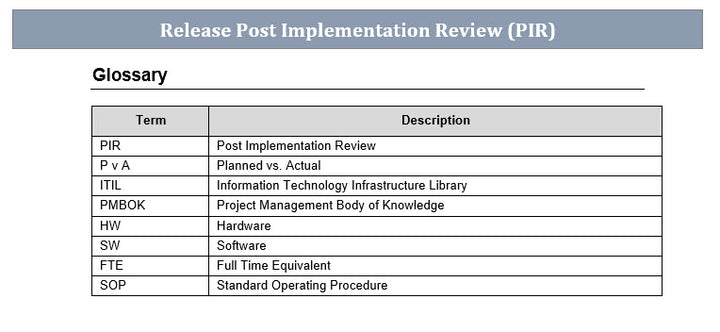 Post Implementation Review Template Glossary