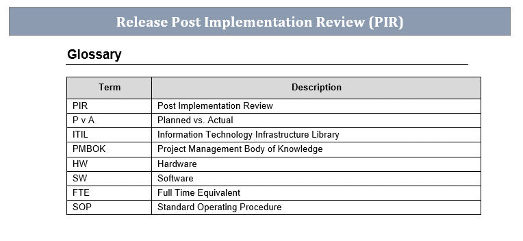 Post Implementation Review Template Glossary