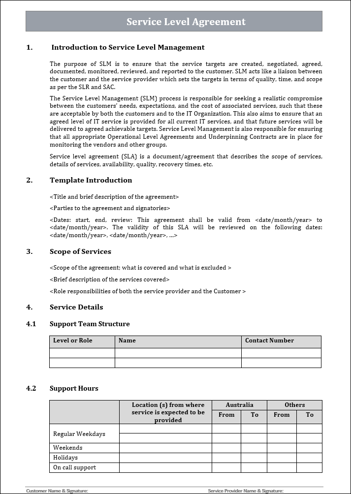 Service Level agreement Template, Service Level agreement