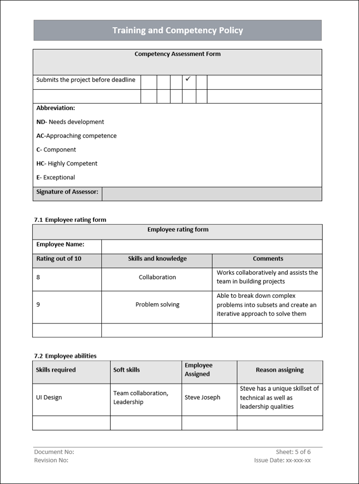 Training and competency, competency assessment form