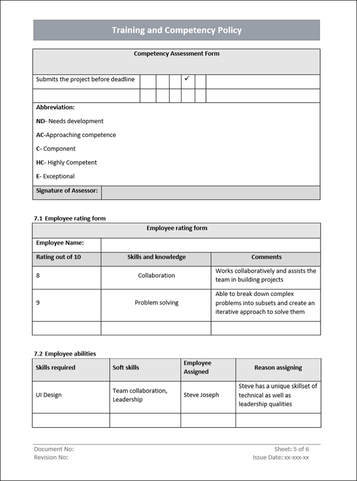 Training and competency, competency assessment form