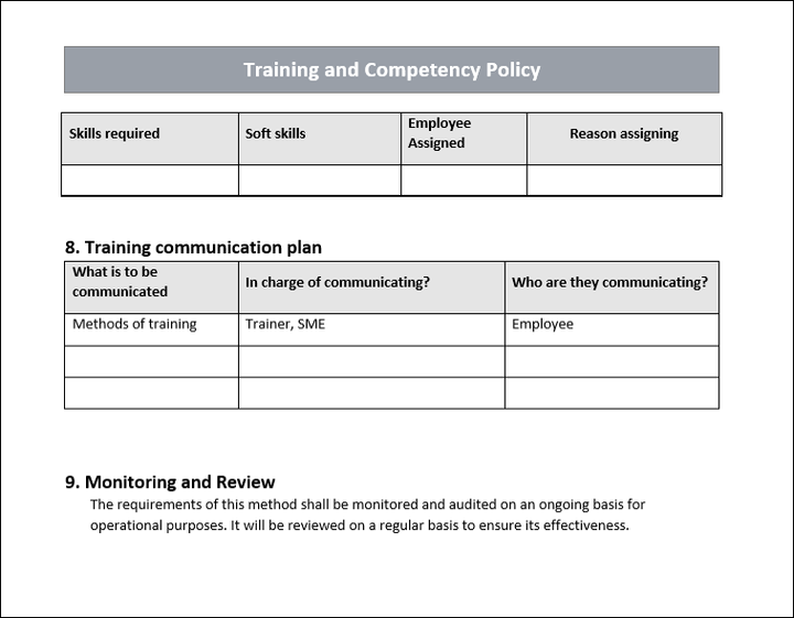 Training and competency communication plan