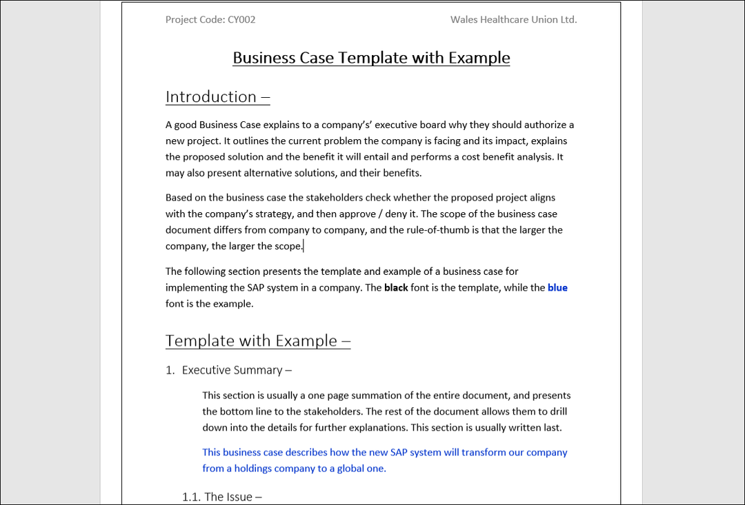 Business Case Template Example