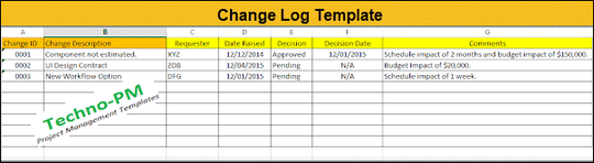 Project Change Log Template – Techno PM - Project Management Templates ...